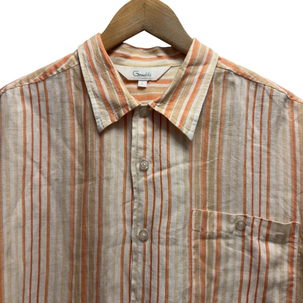 Genelli Vintage Men's Size Large Orange Striped Linen Button Front S/S Shirt euc